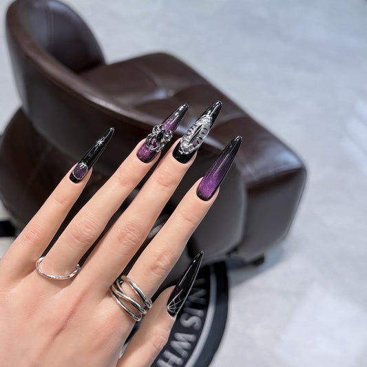 Handmade Purple Cat Eye Spider Web Wearable Nails