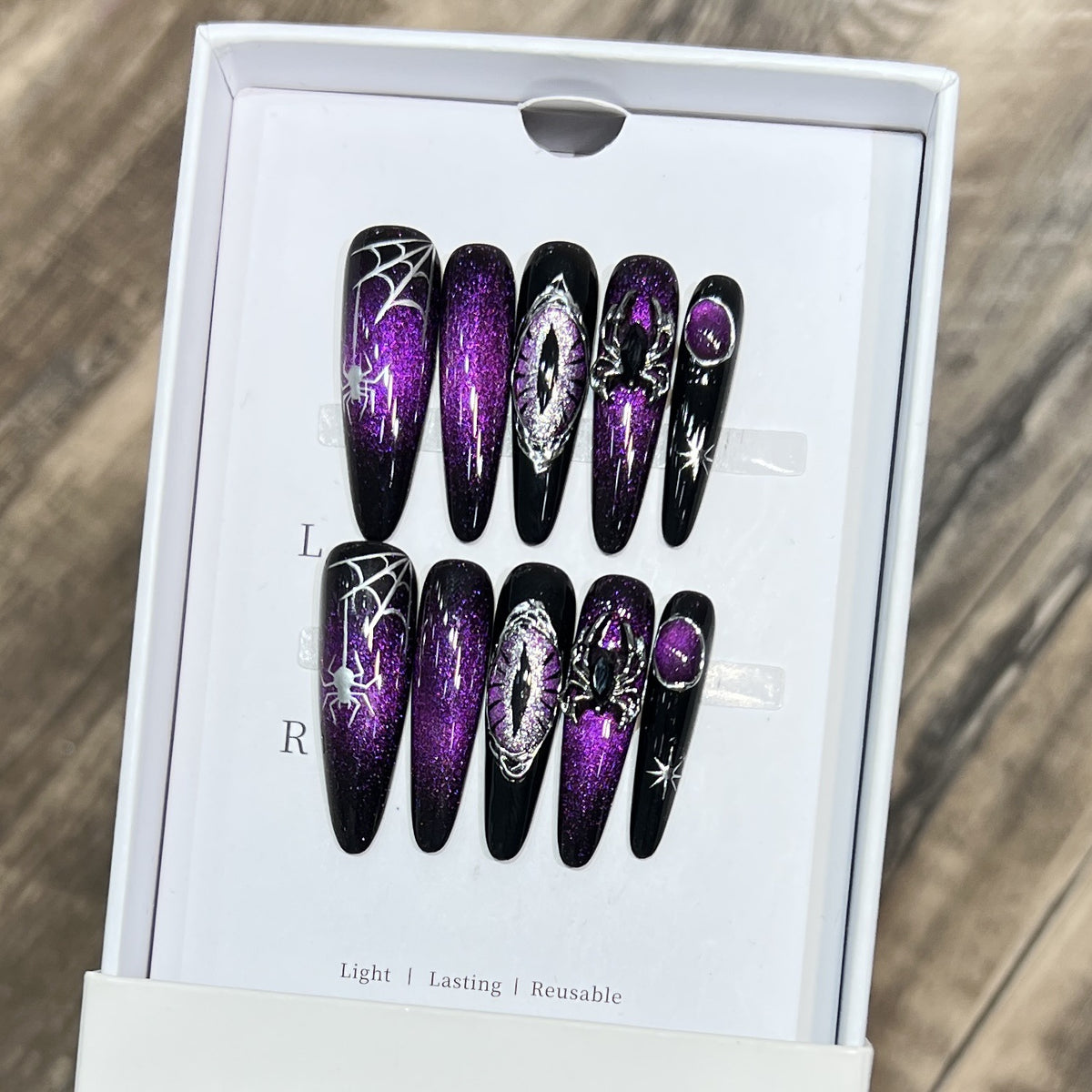 Handmade Purple Cat Eye Spider Web Wearable Nails