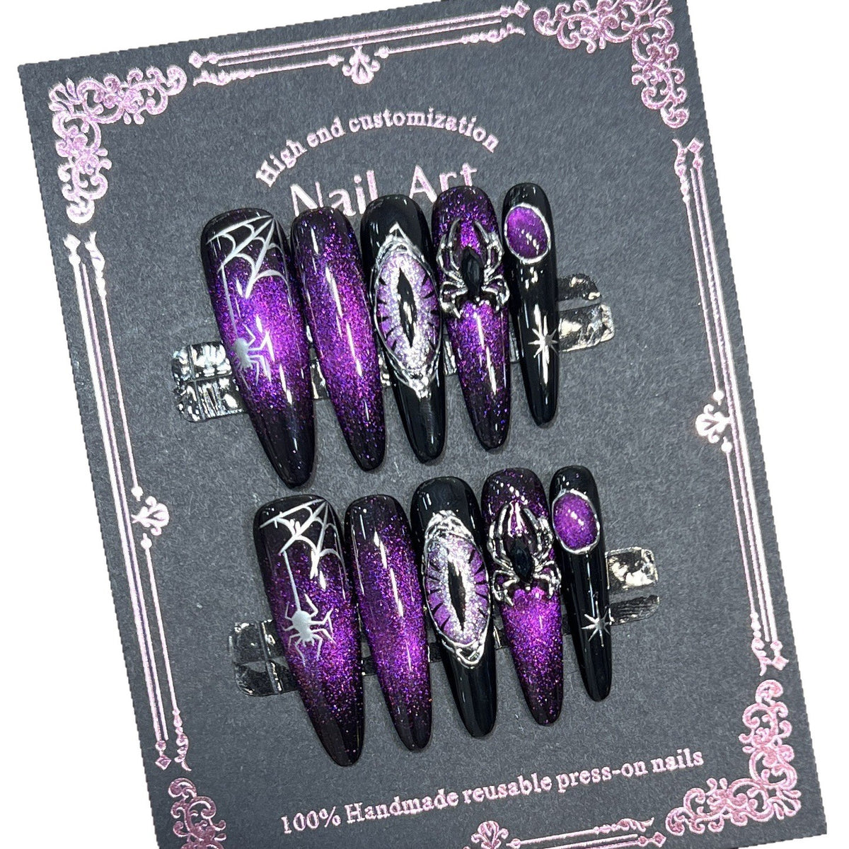 Handmade Purple Cat Eye Spider Web Wearable Nails